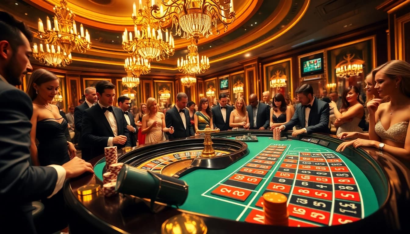 spvtoto dan suasana kasino yang ceria dengan meja roulette dan pengunjung yang antusias.