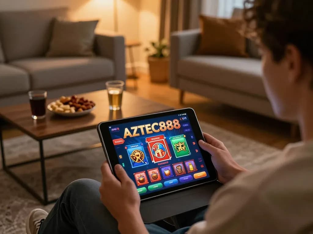 Engaging in gameplay on AZTEC888 platform with cozy home setup, showcasing strategic online gambling