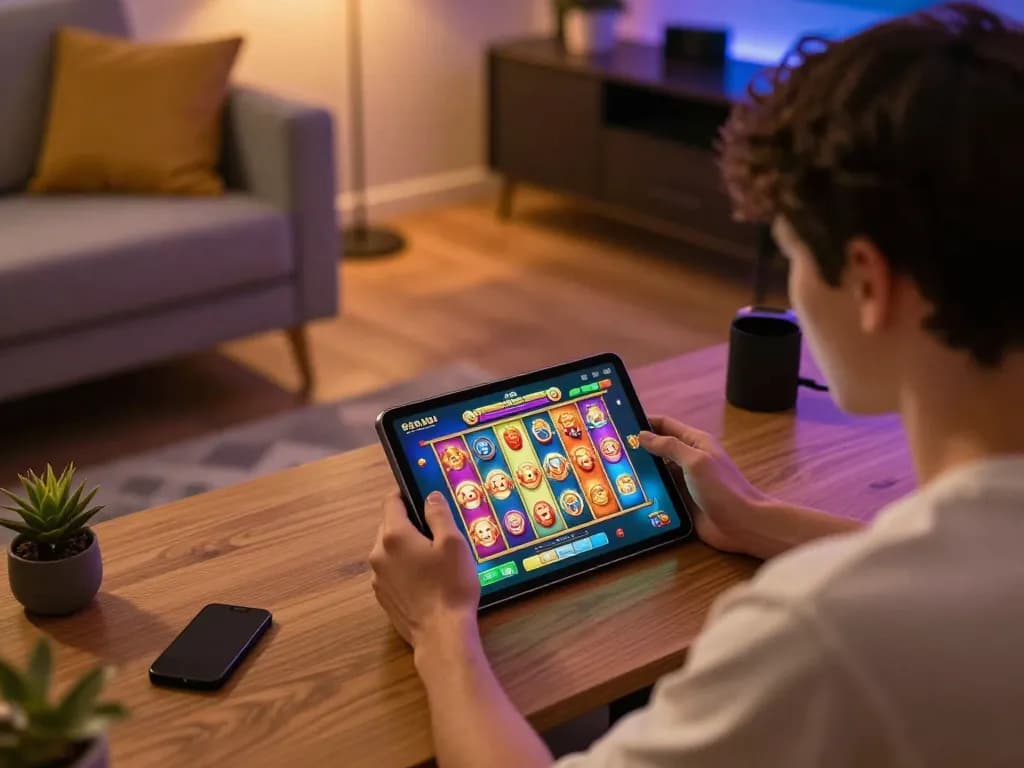 Situs Tempo123 player enjoying Mahjong Ways slot game on tablet in cozy home setup