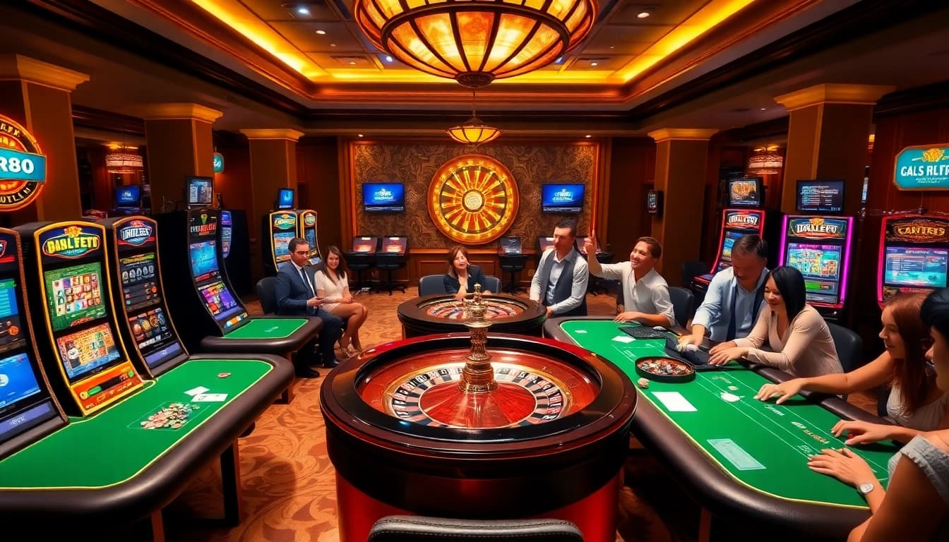 RR88 players enjoying a thrilling gaming experience at a vibrant casino.