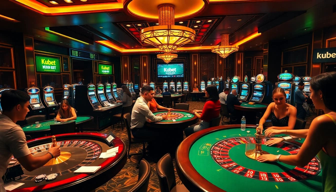 Kubet's dynamic casino atmosphere with players enjoying high-stakes games and vibrant slot machines.