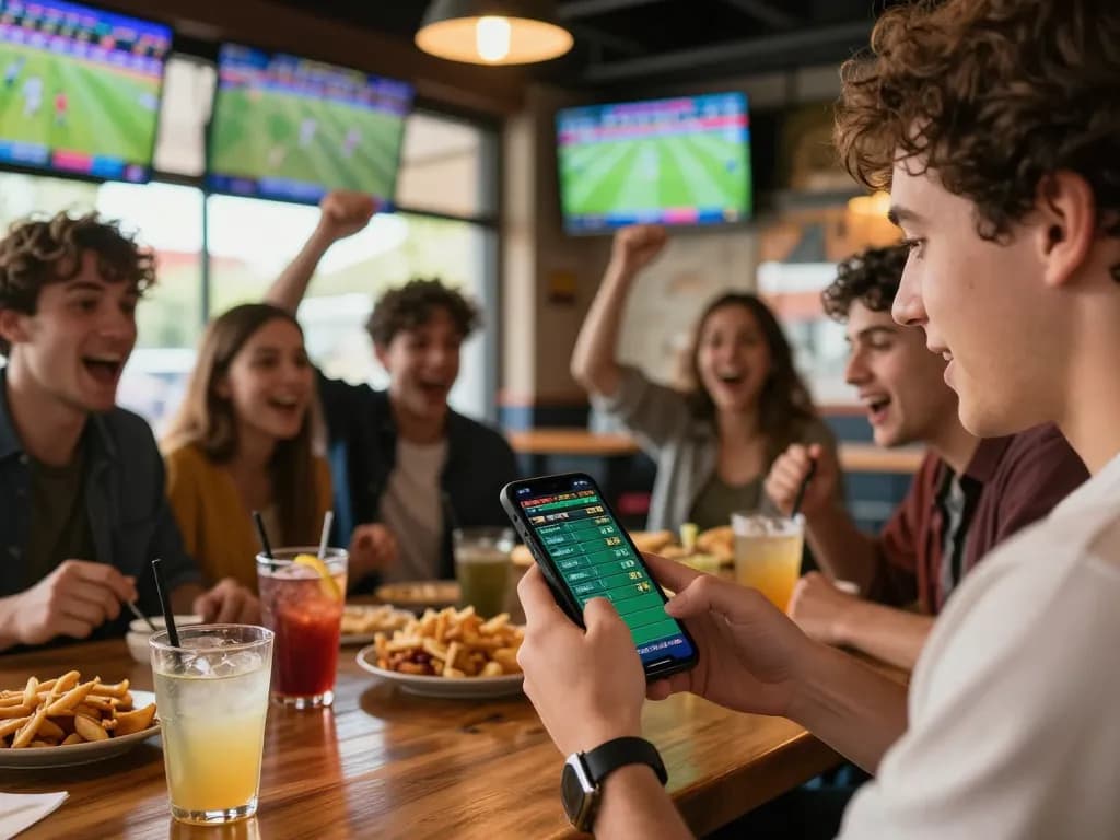 98win đăng nhập for live sports betting, capturing excitement in a lively sports bar.