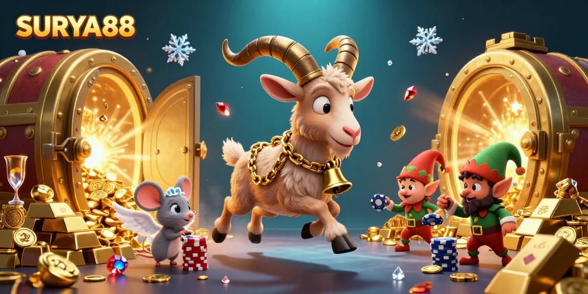 SURYA88 holiday-horror casino illustration with a Krampus goat, angel mouse, and elf gremlins amidst gold treasure.