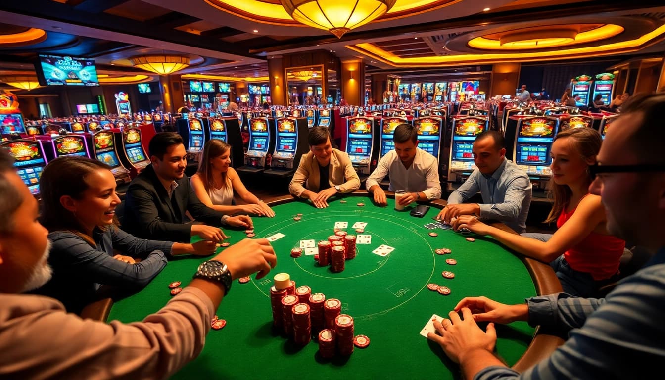 Experience a thrilling poker game at the bk888 casino table with vibrant colors and engaged players.