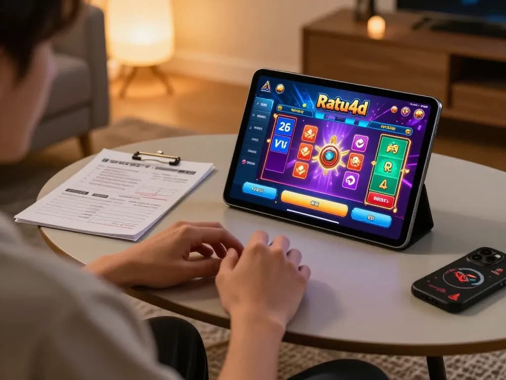 Engaging online gaming session featuring Ratu4d game interface, strategic player notes, and warm ambiance