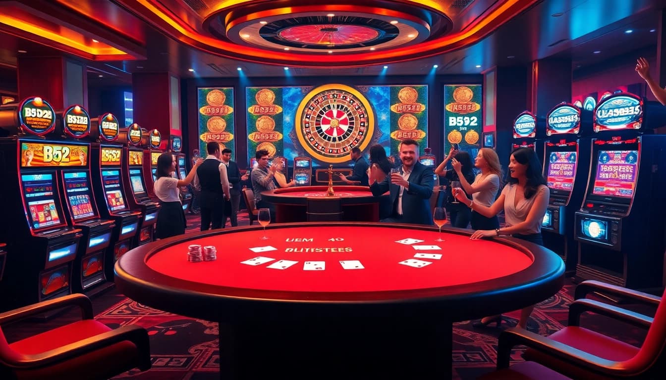 B52-themed gambling scene featuring luxurious poker tables and vibrant slot machines.