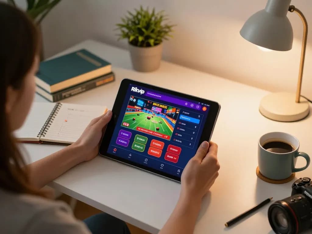 Player enjoying the Rikvip casino app on a tablet while strategizing in a cozy home setting.