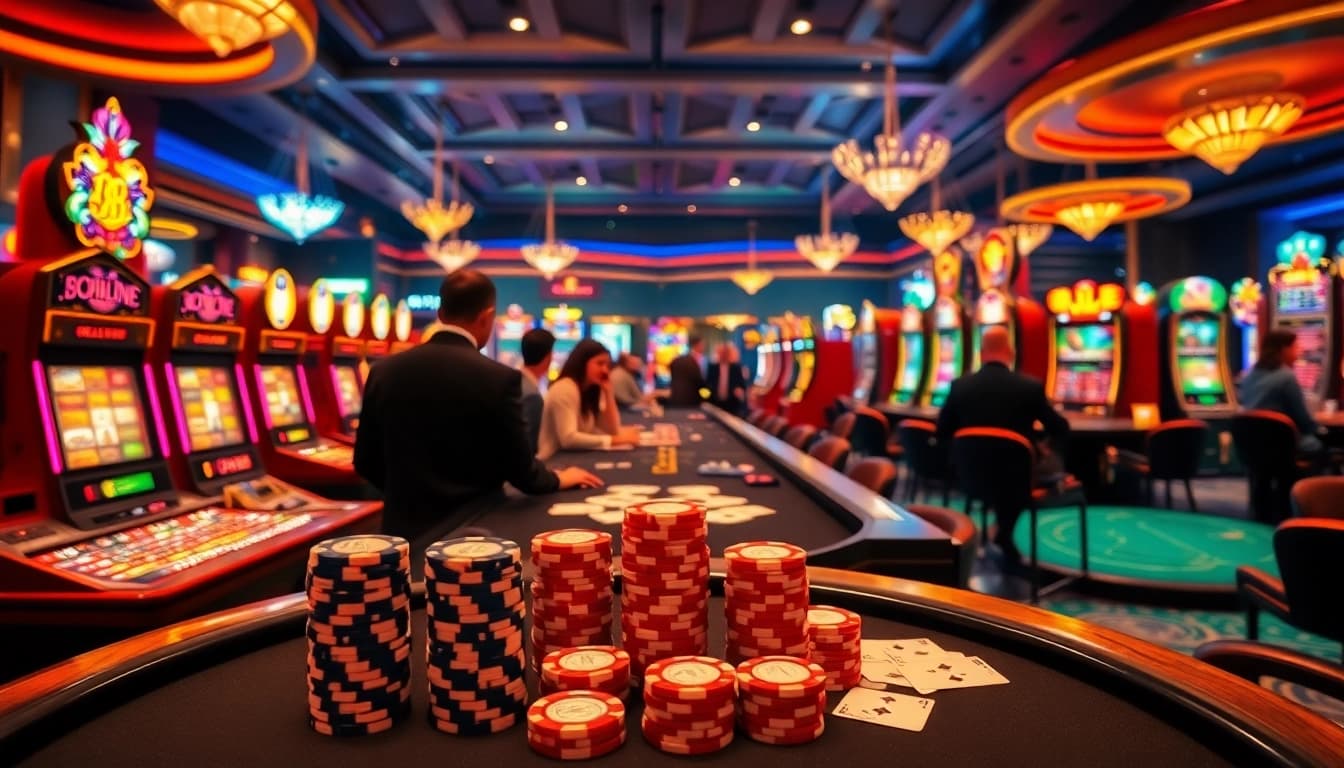 Experience thrilling gameplay at Betwin88's luxurious casino floor with vibrant tables and excited players.