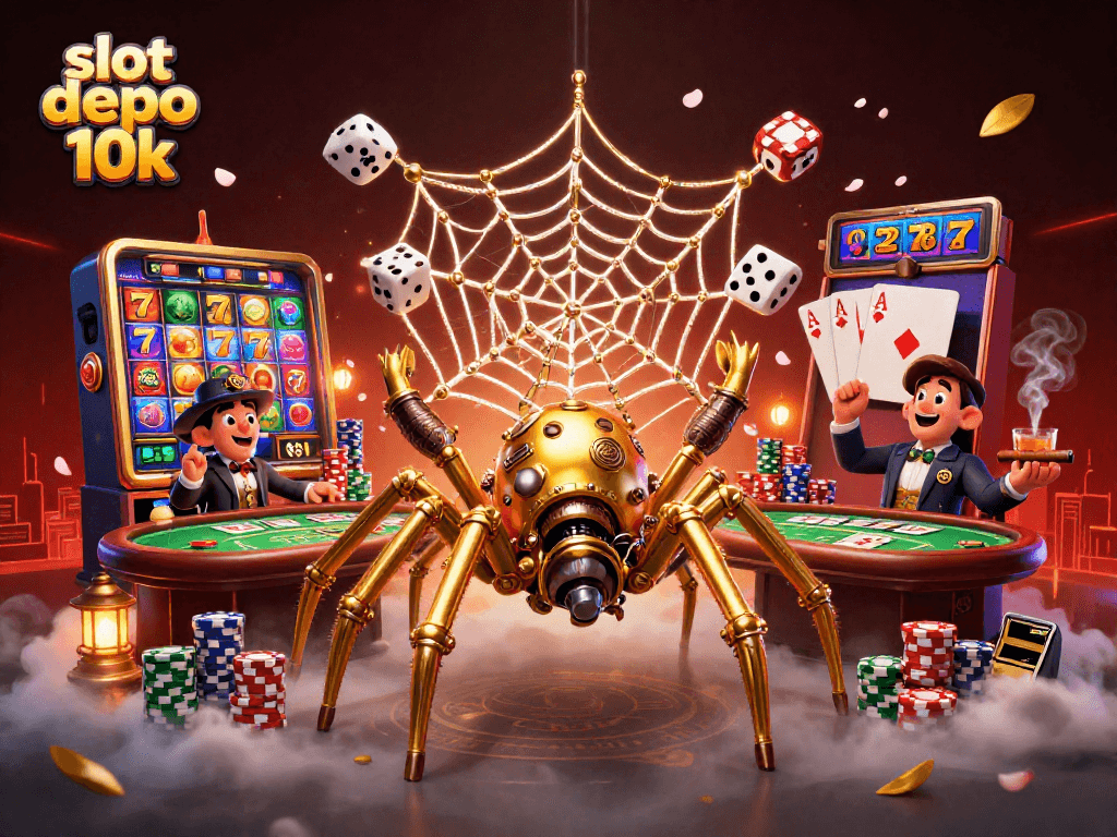 Experience thrilling gameplay at slot depo 10k with an intricately designed casino scene and characters.