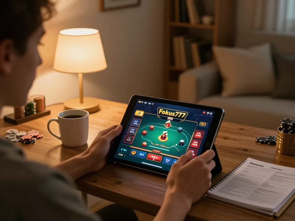 Player engaging with Fokus777 casino game on tablet, surrounded by strategy notes.