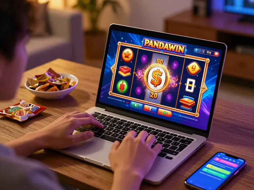 Permainan slot PANDAWIN menunjukkan pengguna yang terlibat dalam antarmuka slot 3D HD di laptop.