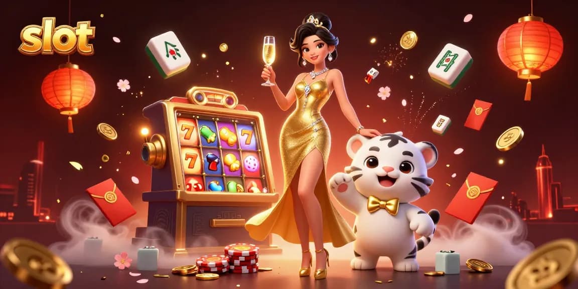 Spin slot reels wildly as the glamorous woman celebrates alongside a lucky white tiger cub, adorned with vibrant gaming symbols.