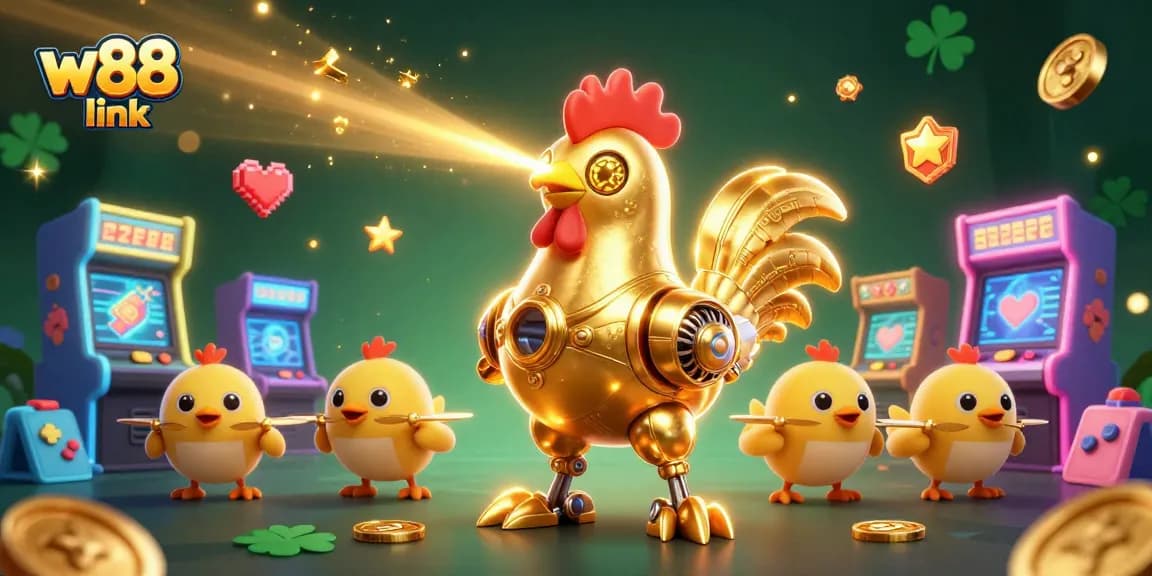 Engage with an exciting w88 link as a golden rooster robot leads baby chick drones in a vibrant casino adventure.
