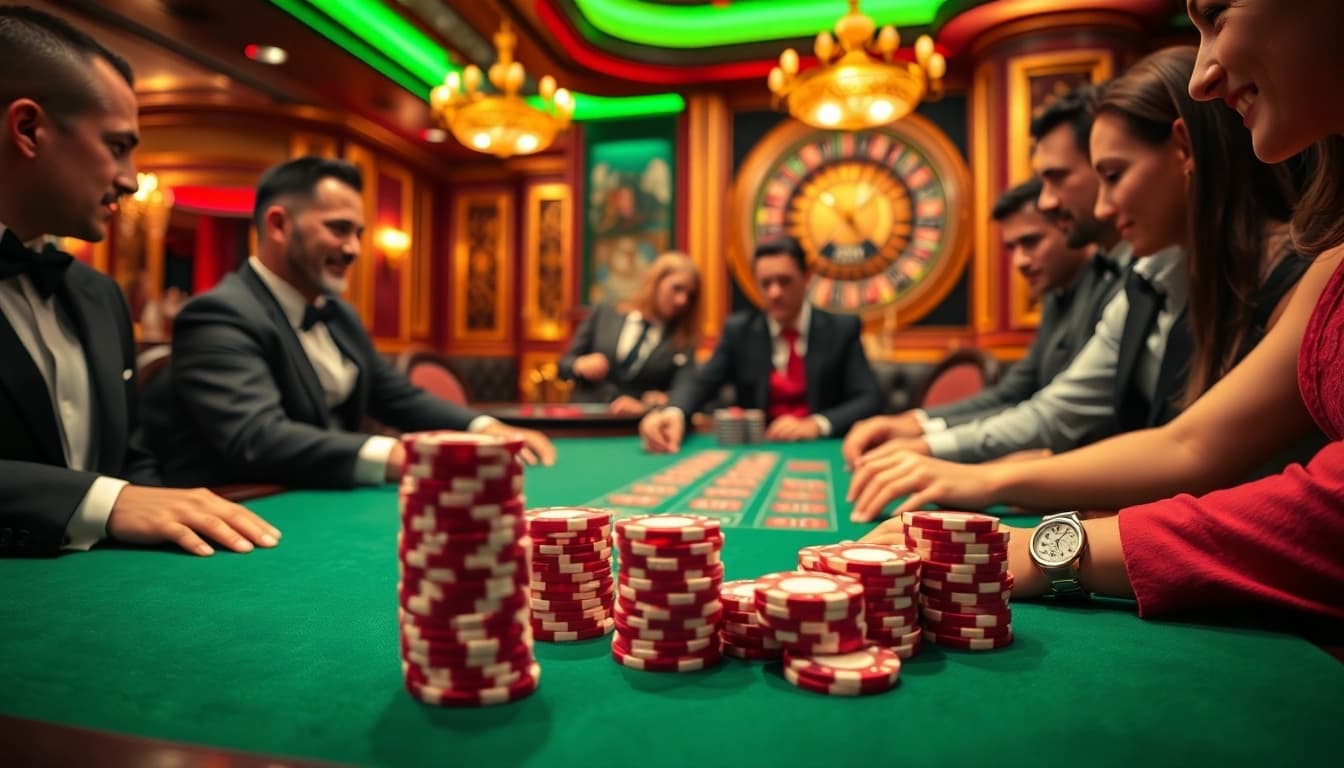 Experience W88 poker excitement at a luxurious casino table surrounded by engaged players.