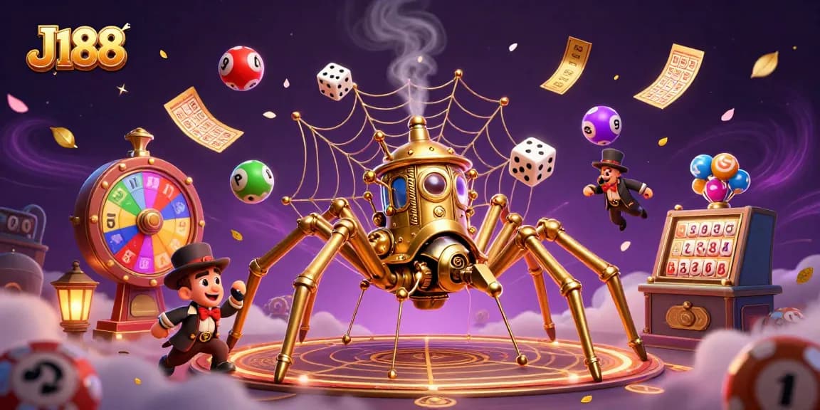 Experience excitement at J188 with a captivating illustration of a steampunk spider and lottery chaos.