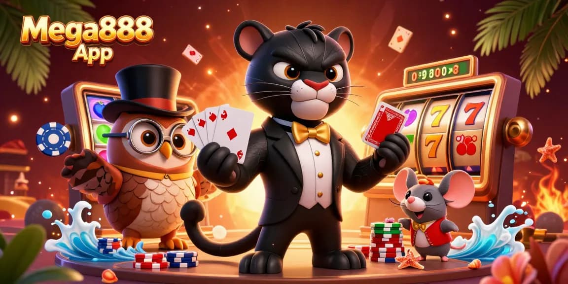 Experience thrilling gameplay with the Mega888 App featuring poker and slot games in an exciting 3D scene.