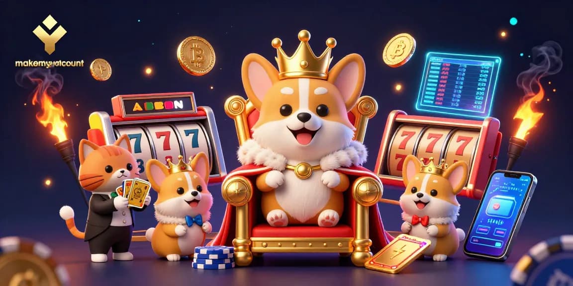 Experience the excitement of makemyvotecount at a vibrant casino scene with royal corgi characters.