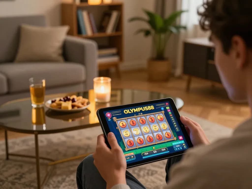 Play OLYMPUS88 slots in a cozy home setup with warm lighting and snacks nearby