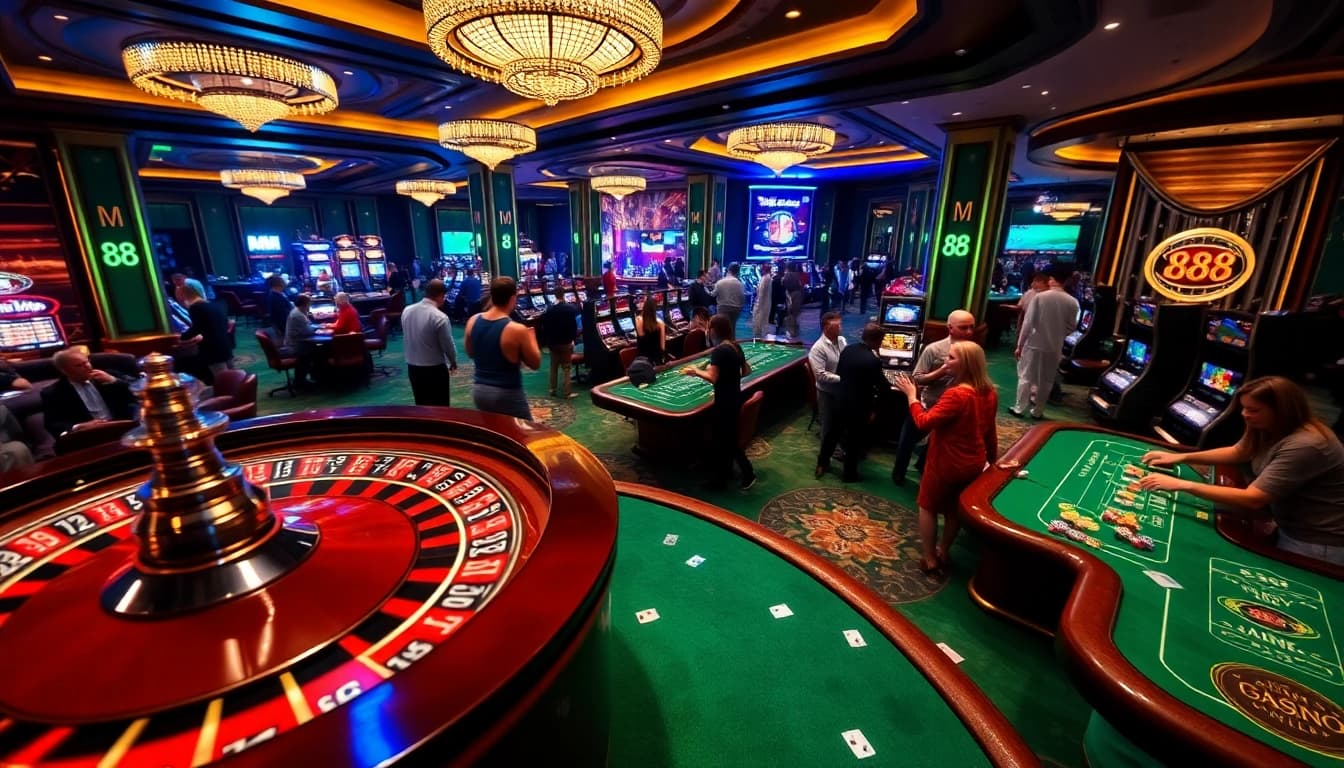 Players enjoying their game at MM 88 casino with vibrant tables and excitement.