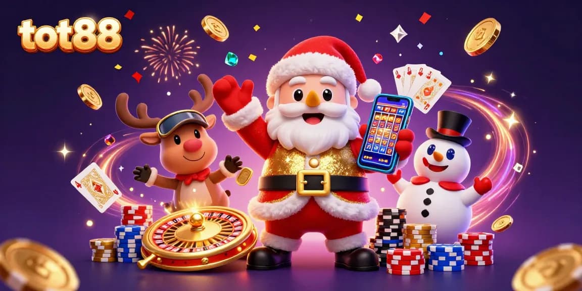 Experience excitement at tot88 with Santa, reindeer, and snowman in a vibrant casino scene.