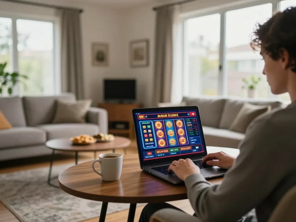 Player engaging in online gambling at dacsandatphanrang.com from a cozy living room, betting on colorful slot games.