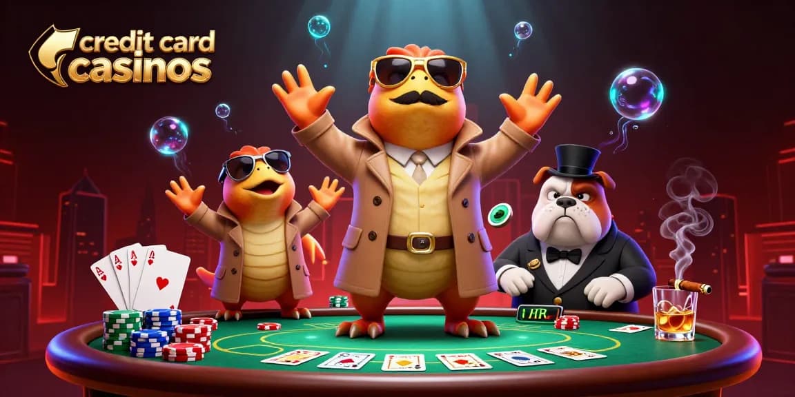 Experience thrilling action at credit card casinos with cartoon raptors and casino elements.