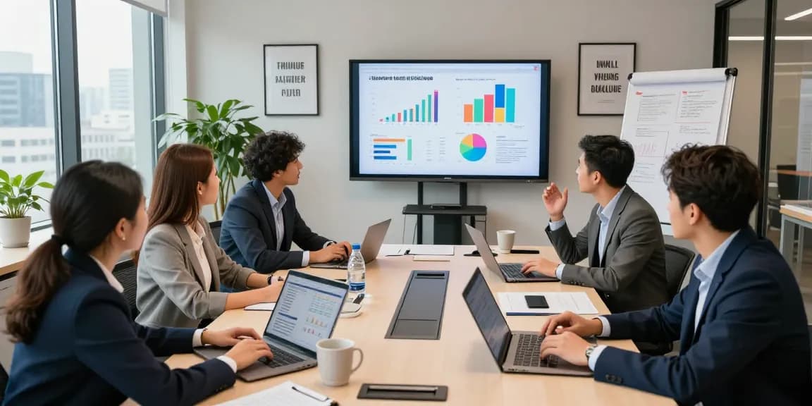Small business team collaborating in a modern office, discussing strategies and documents.