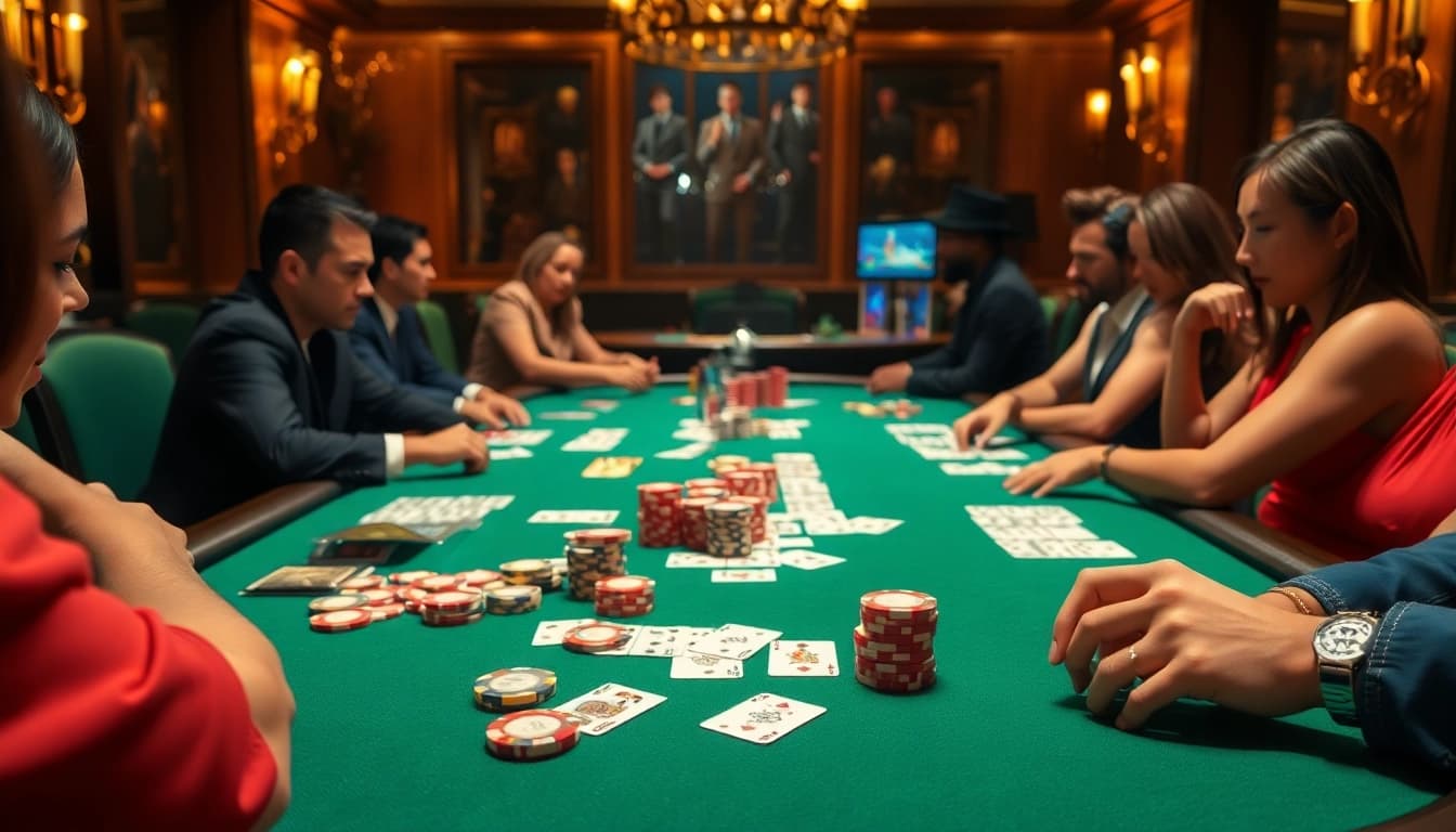Players engage in thrilling poker at a luxurious casino table with colorful jbo chips.