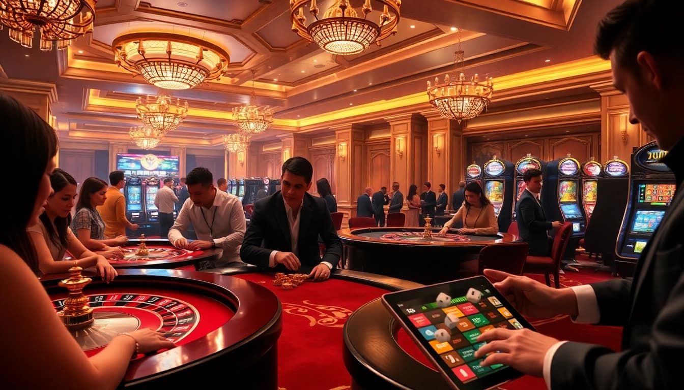Engaging with a thrilling porn game on a luxurious casino floor featuring gaming tables and vibrant colors.