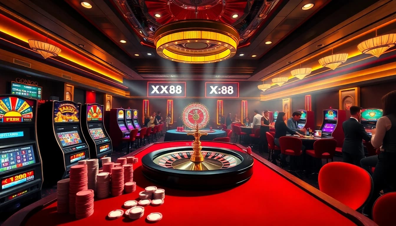 Players enjoying a dynamic casino experience at XX88 with poker chips and roulette wheel.