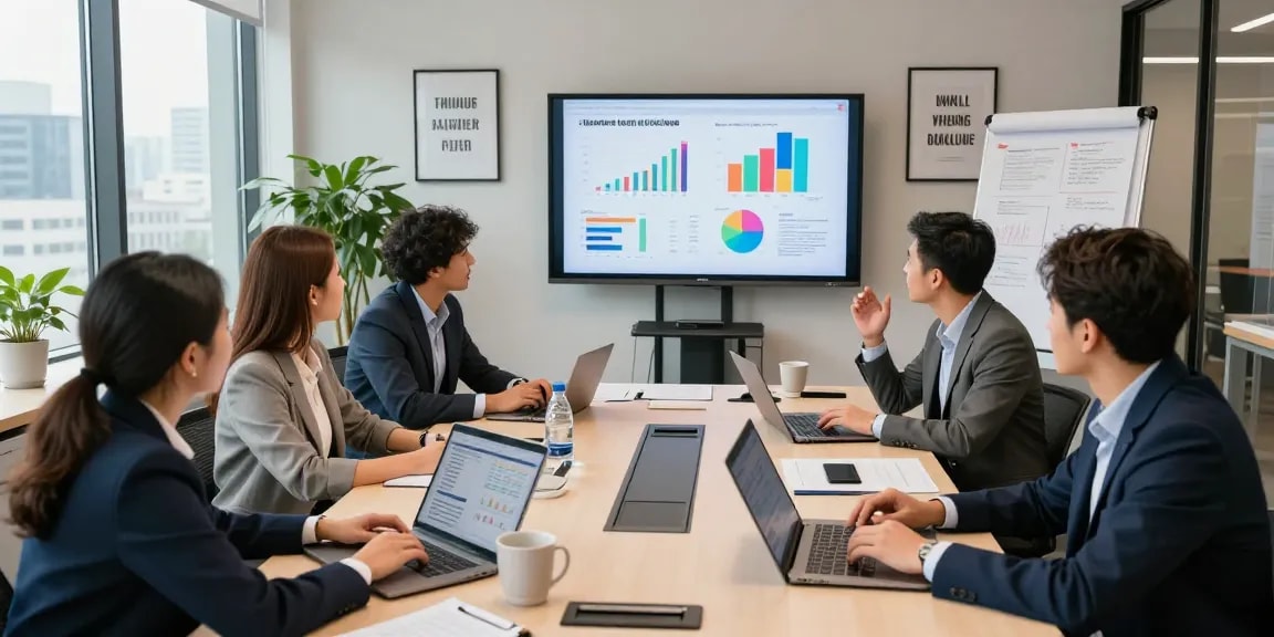 Small business team collaborating in a modern office, discussing strategies and documents.