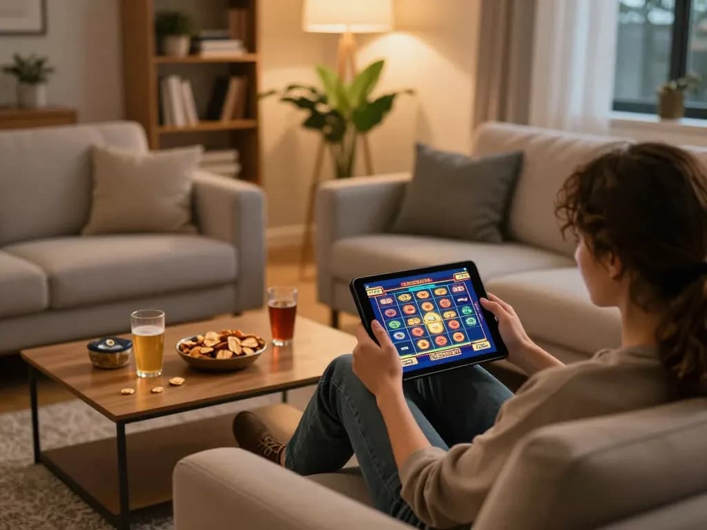 Engaging in online gaming at home on f8betlv, featuring a tablet with slot game interface.