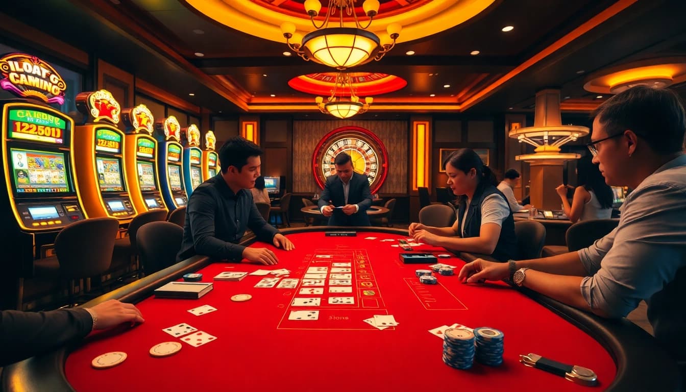 Engage in thrilling casino games at Bem88, featuring poker tables and vibrant slot machines.