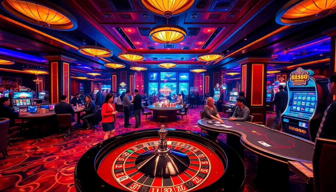 Players enjoying roulette and poker at RR88's luxurious casino.