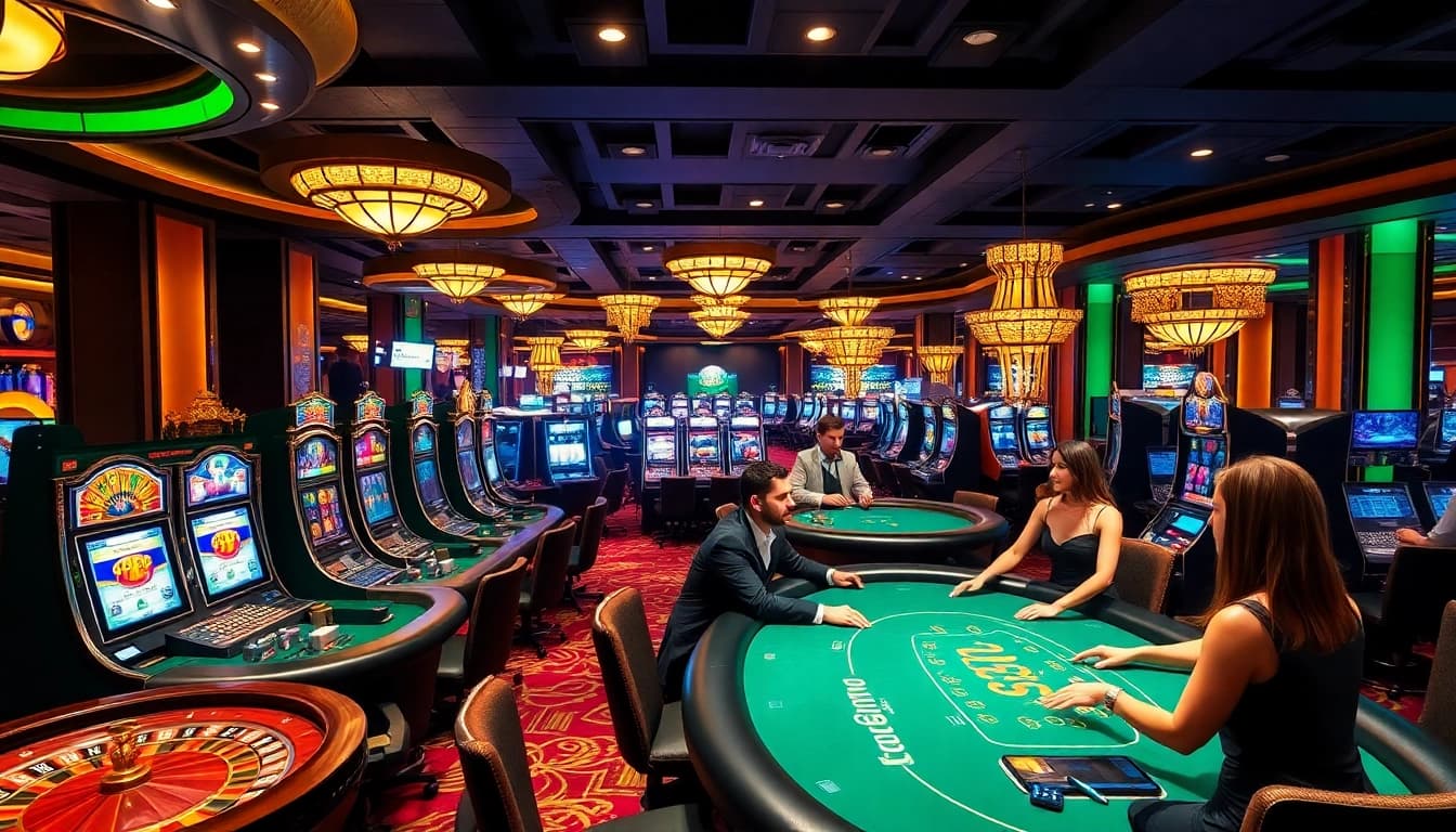 Experience the thrill of casino gaming with ok365, showcasing vibrant slot machines and engaging poker action.