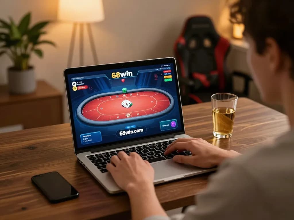 Player engaging in an online game on 68win.com at home, showcasing excitement and focus in a cozy setting.