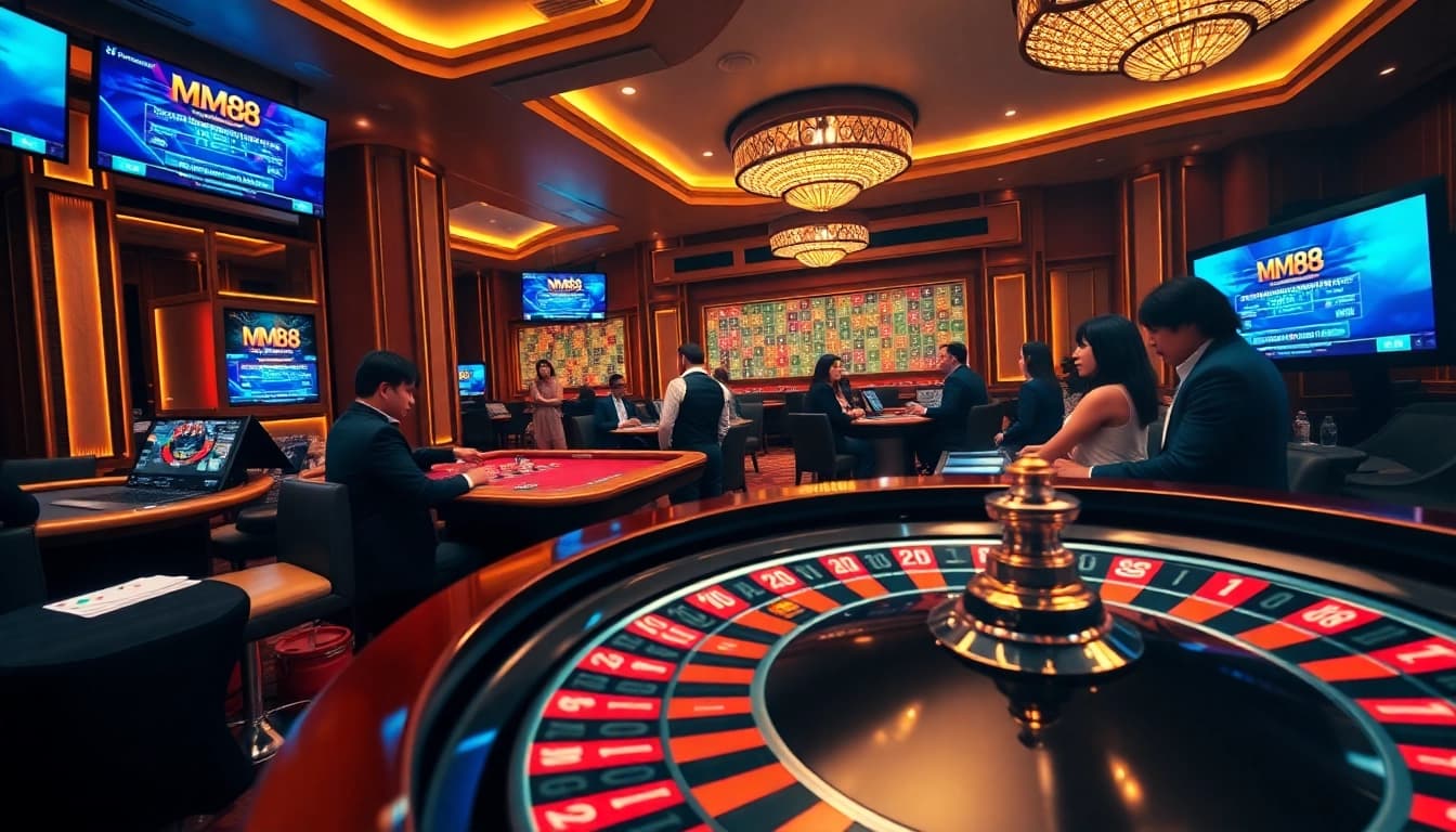 Experience the excitement of online gambling with MM88, featuring a vibrant roulette table and engaging players.