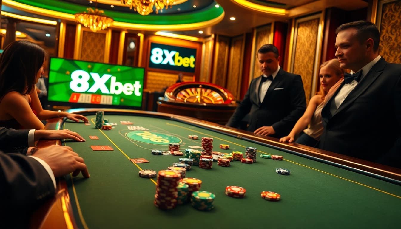 Players engaging in high-stakes poker at a luxurious casino, showcasing 8Xbet branding.