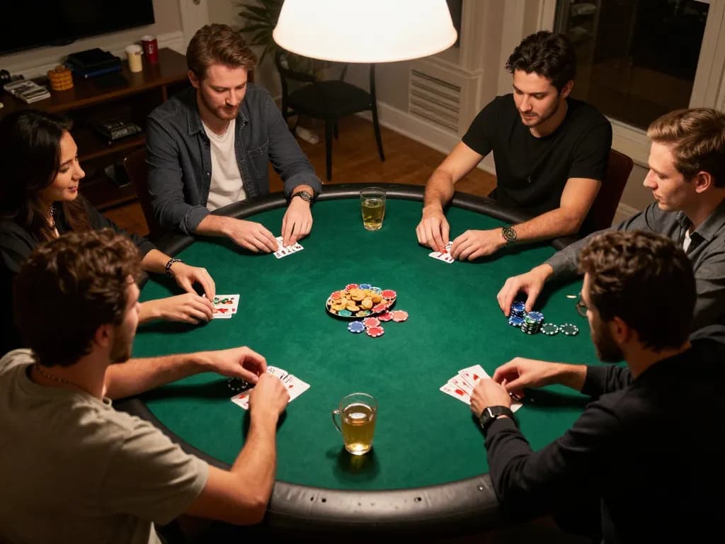 Friends enjoying a poker night, strategizing with chips and cards, showcasing the essence of keo nha cai gameplay.