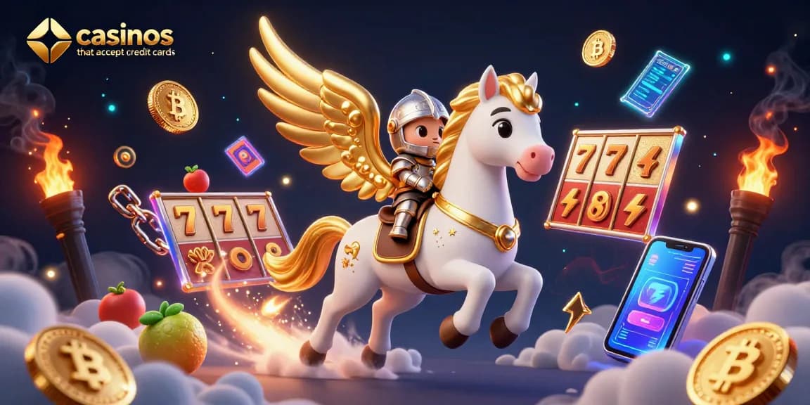 Engage with vibrant casinos that accept credit cards featuring a celestial horse and knight amidst slot reels and coins.