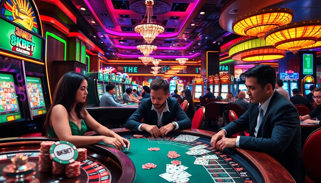 Excited gamblers enjoying games at an 8KBET casino, showcasing luxury and energy in gameplay.