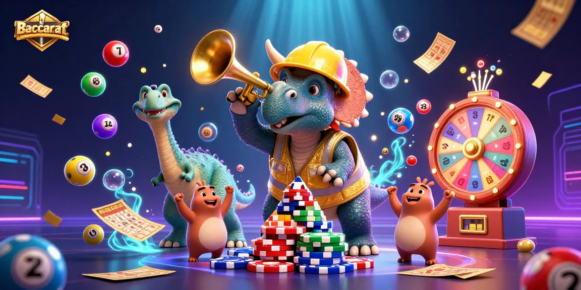 Baccarat table scene with cartoon dinosaurs celebrating, vibrant colors and casino elements.