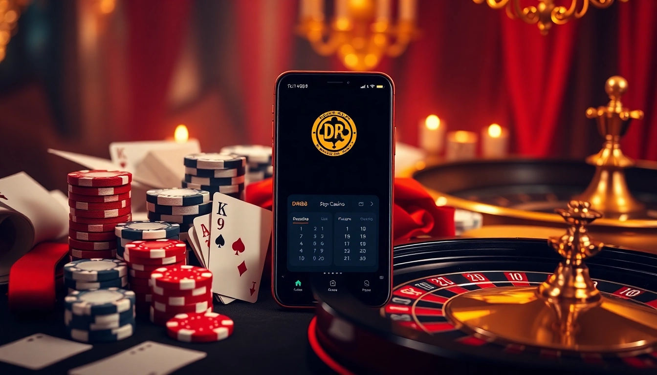 Tải DR88 app displayed on a luxurious casino interface with poker chips and cards