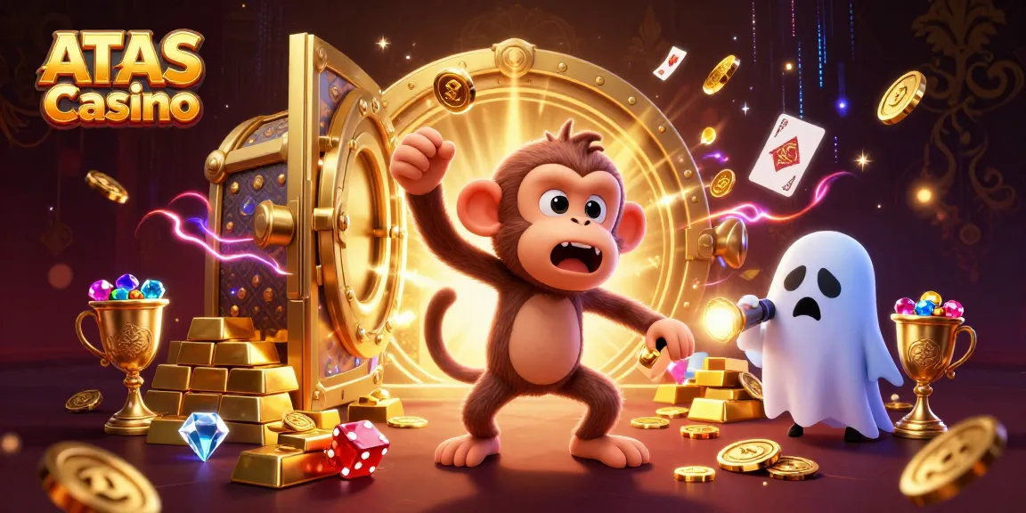Engage with ATAS Casino's vibrant world featuring a mischievous monkey juggling golden objects in a haunted casino.
