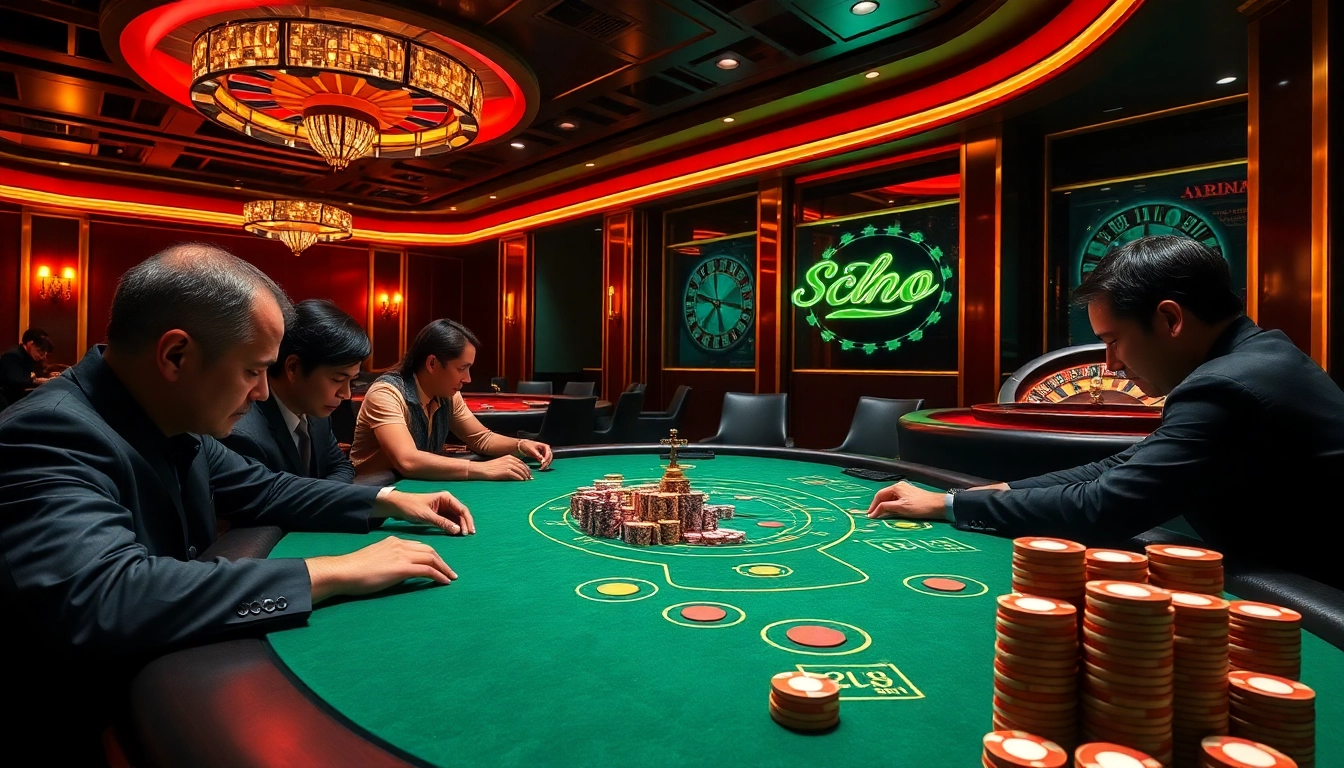 Experience the excitement of game SC88 at a high-stakes poker table in a luxurious casino.