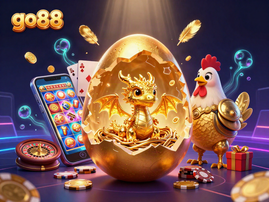 Bet on go88 with a vibrant 3D scene of a golden dragon and casino games.