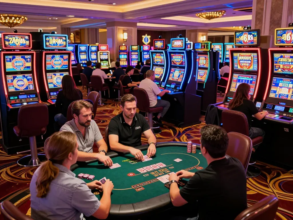A dynamic casino scene featuring players engaging in 88xx bet games at poker tables and slot machines.