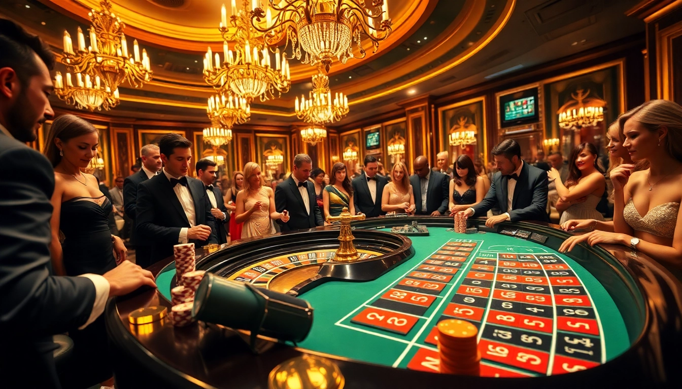 spvtoto dan suasana kasino yang ceria dengan meja roulette dan pengunjung yang antusias.