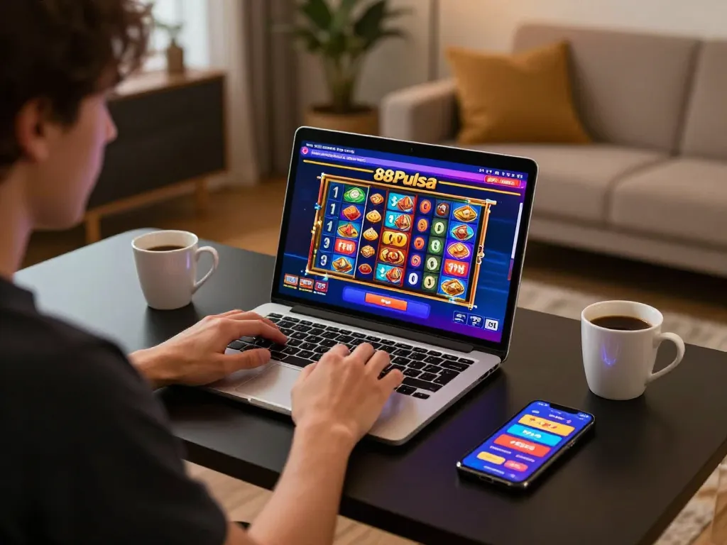 Pemain yang berinteraksi dengan slot online 88Pulsa, menampilkan antarmuka yang cerah dan pengaturan permainan santai.