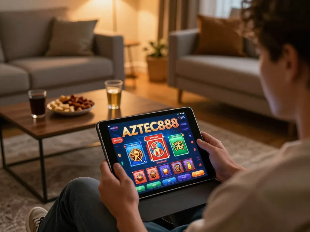 Engaging in gameplay on AZTEC888 platform with cozy home setup, showcasing strategic online gambling